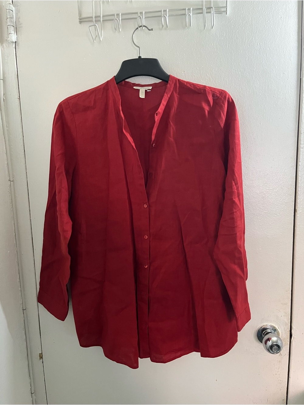 Eileen Fisher Deep Red Collarless Button-Down Shirt